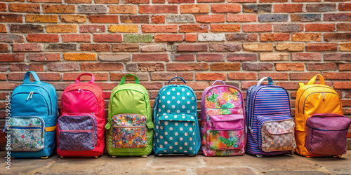 Colorful backpacks and lunchboxes lined up against a brick wall, ready for a new school year, conveying excitement and anticipation for learning adventures. photo