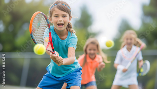 Cute little girl with tennis racket and shot the ball 