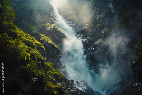 Waterfall in Forest: A dynamic photograph by Galen Rowell of a powerful waterfall cascading down a rocky cliff forest surrounded by lush greenery and bathed in sunlight photo