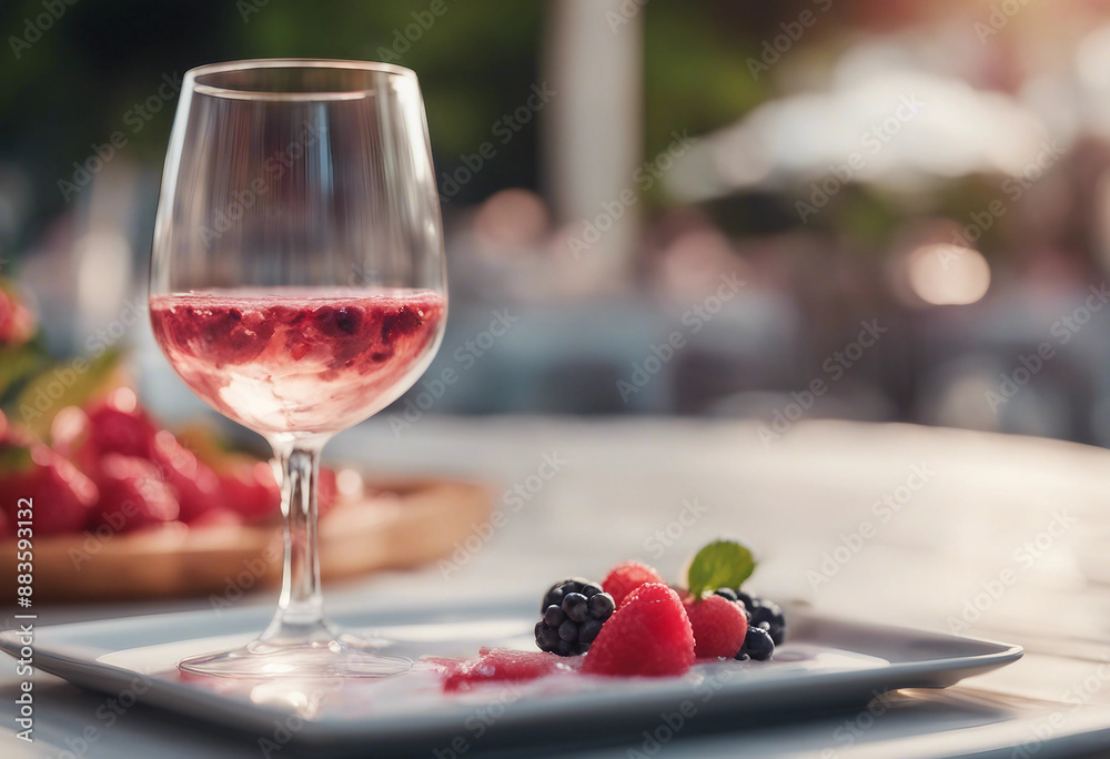 Rose wine in a crystal glass with a fresh berry garnish in a chic outdoor cafe Rose wine in a crystal glass with a fresh berry garnish in a chic outdoor cafe