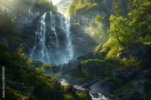 Waterfall in Forest: A dynamic photograph by Galen Rowell of a powerful waterfall cascading down a rocky cliff forest surrounded by lush greenery and bathed in sunlight photo