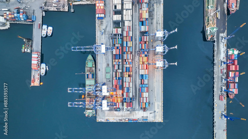 Aerial top view of Container ship loading and unloading, Cargo container in deep seaport for the international order concept.