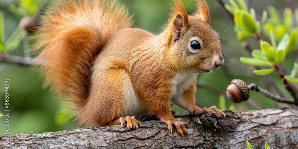Close-up image of a red squirrel on a tree branch with a green background, highlighting its bushy tail and alert posture Close-up image of a red squirrel on a tree branch with a green background, highlighting its bushy tail and alert posture