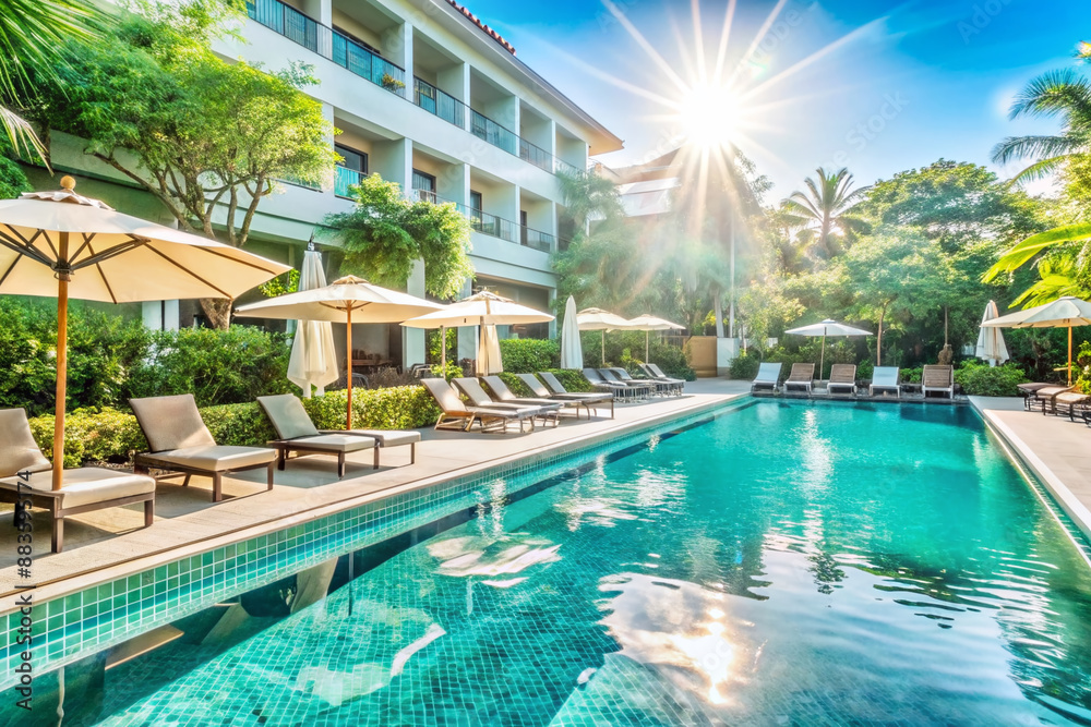 Fototapeta premium Sparkling turquoise water laps against the sun-kissed deck of a luxurious hotel pool, complete with umbrella-topped lounge chairs and lush greenery surrounding the tranquil scene.