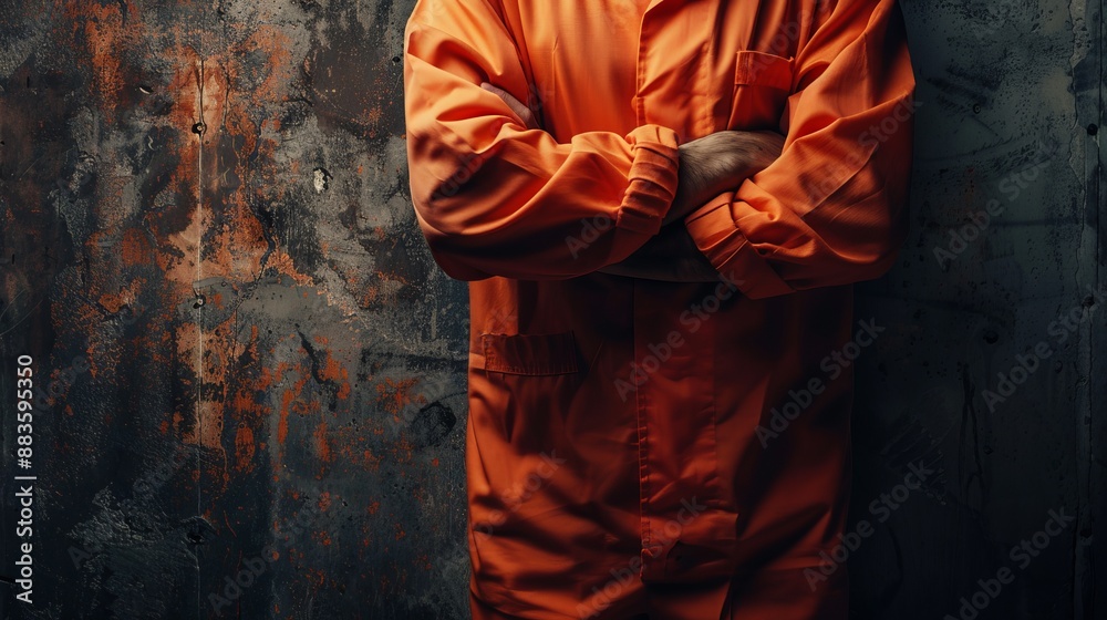 Fototapeta premium A person dressed in an orange prison uniform stands with arms crossed against a textured wall, conveying themes of imprisonment, defiance, and isolation.