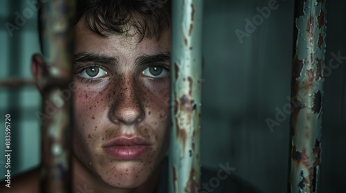 Close-up of a freckled boy with green eyes, standing behind rusty bars, with a serious expression, highlighting themes of confinement and youthful despair.