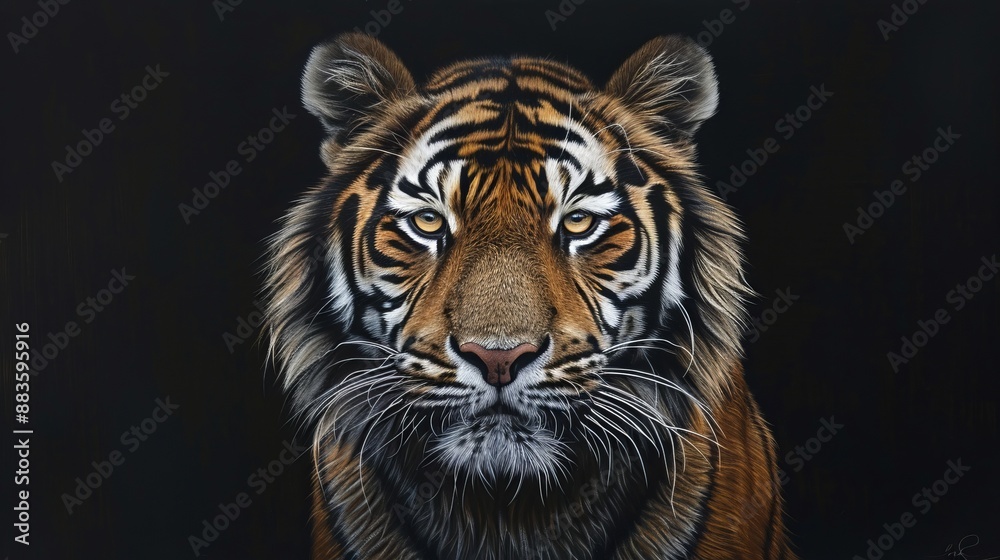 An intense tiger portrait emphasizing its wild fierceness, with detailed facial features and rich coloration, exuding power and majesty, set against a dark backdrop. An intense tiger portrait emphasizing its wild fierceness, with detailed facial features and rich coloration, exuding power and majesty, set against a dark backdrop.