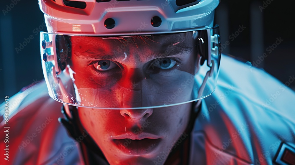 A dramatic depiction of a figure in a white sports uniform, equipped with a clear helmet, set against a dark, contrasting background with intense red and blue lighting. A dramatic depiction of a figure in a white sports uniform, equipped with a clear helmet, set against a dark, contrasting background with intense red and blue lighting.