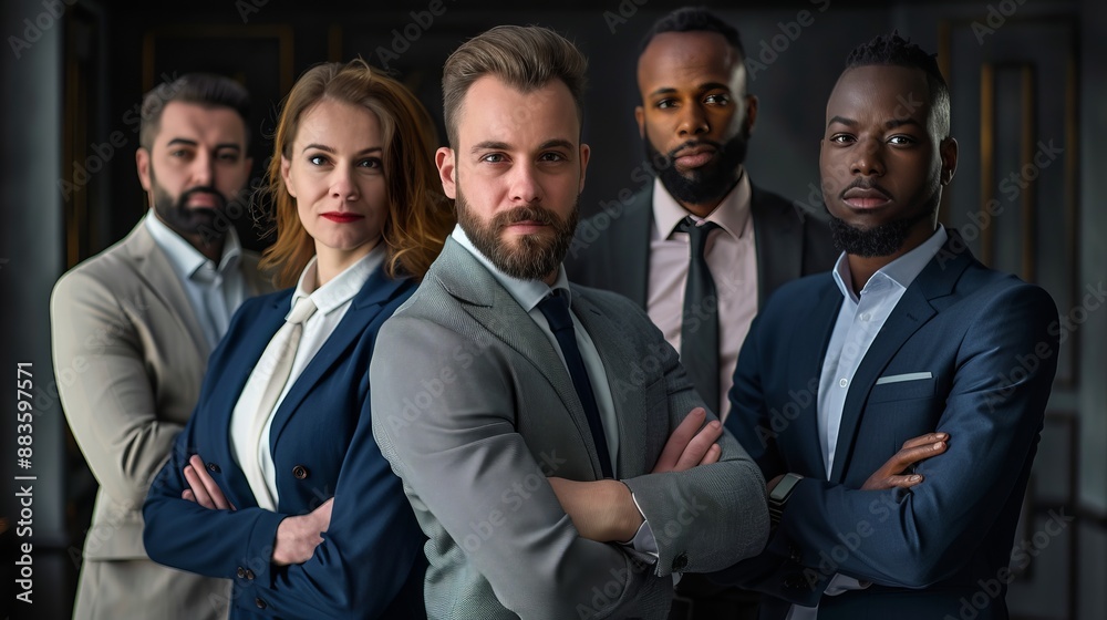 A group of five professionals, dressed in formal business wear, stand together confidently in a modern office environment, exemplifying unity, leadership, and corporate culture. A group of five professionals, dressed in formal business wear, stand together confidently in a modern office environment, exemplifying unity, leadership, and corporate culture.