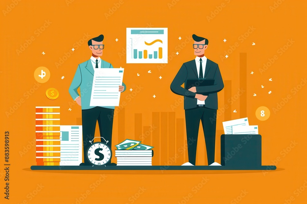 Illustration of two businessmen analyzing financial reports and investments, surrounded by charts, graphs, and money symbols on an orange background. Illustration of two businessmen analyzing financial reports and investments, surrounded by charts, graphs, and money symbols on an orange background.