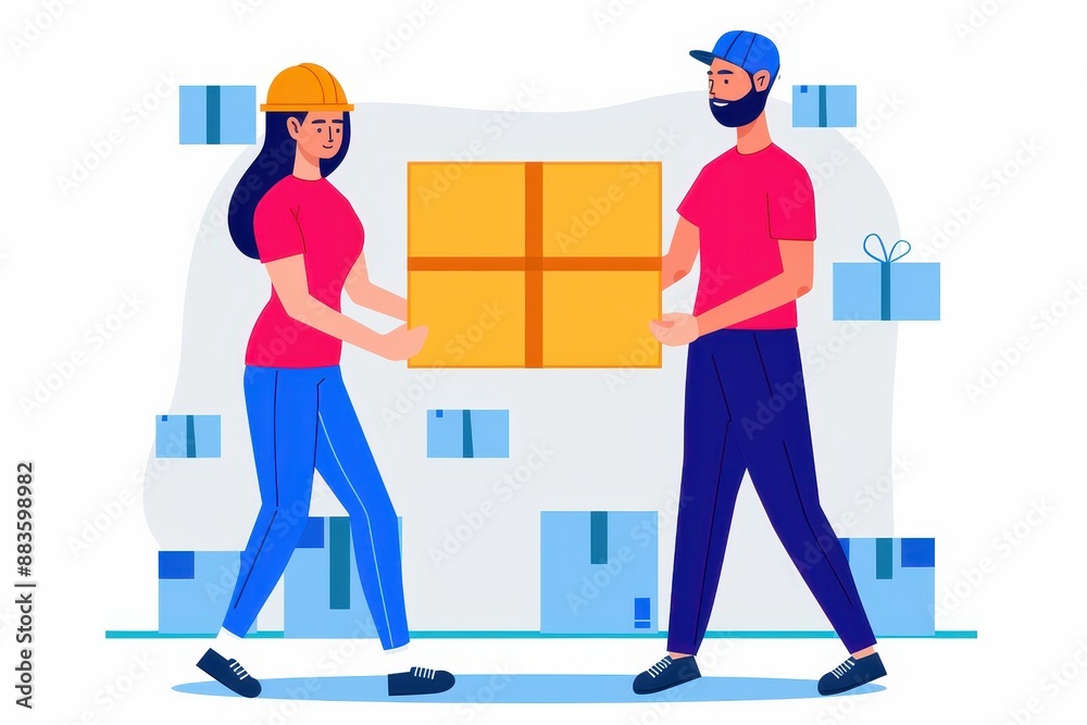 Illustration of two workers, one in a hard hat, carrying a large box together in a warehouse setting. Illustration of two workers, one in a hard hat, carrying a large box together in a warehouse setting.