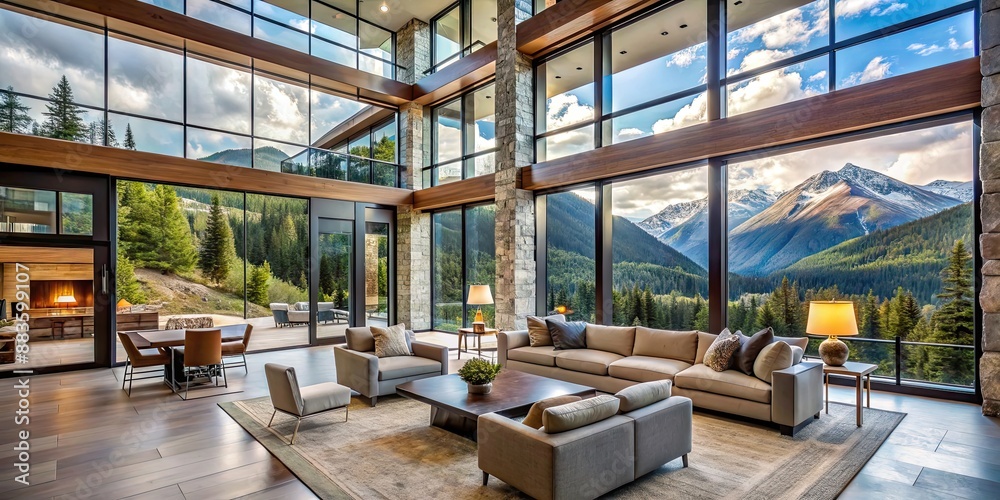 Luxurious modern mountain home with spacious windows and stunning views, luxury, modern, residence, mountains Luxurious modern mountain home with spacious windows and stunning views, luxury, modern, residence, mountains