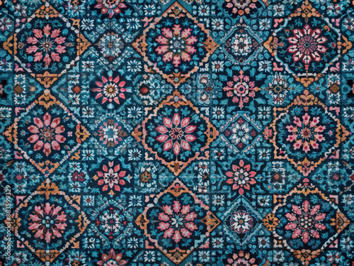 Vibrant seamless Mediterranean pattern featuring a set of intricately designed azulejo floor tiles with abstract geometric shapes in a beautiful cement talavera style.