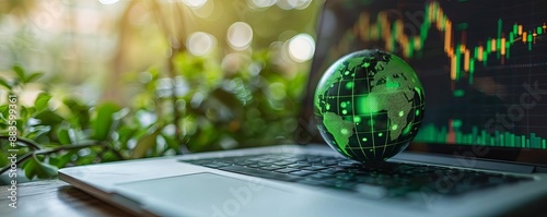 Green globe with stock chart on laptop screen, green business concept, digital sustainability