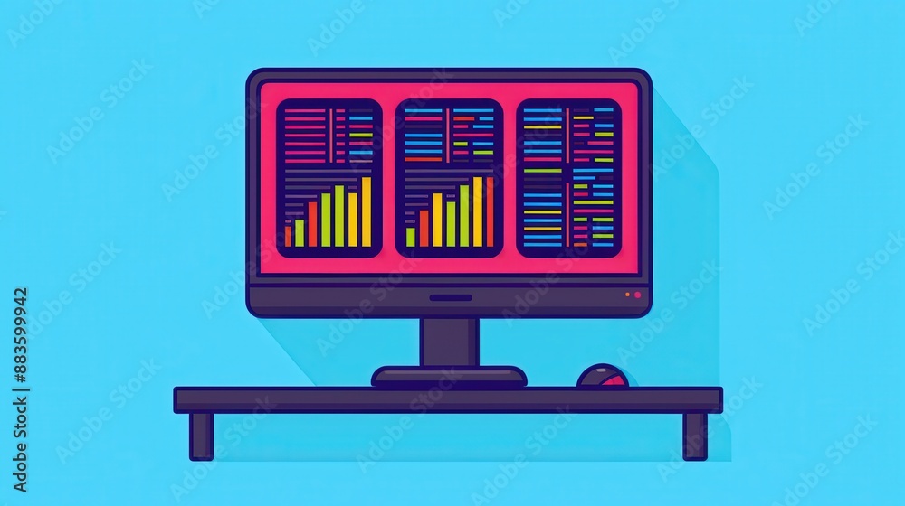 Illustration of a computer screen showing various data analytics and charts, symbolizing digital analysis and technology on a blue background. Illustration of a computer screen showing various data analytics and charts, symbolizing digital analysis and technology on a blue background.