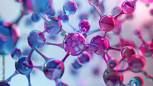 A 3D model chemical compound with a purple and blue color background. chemical background for presentation