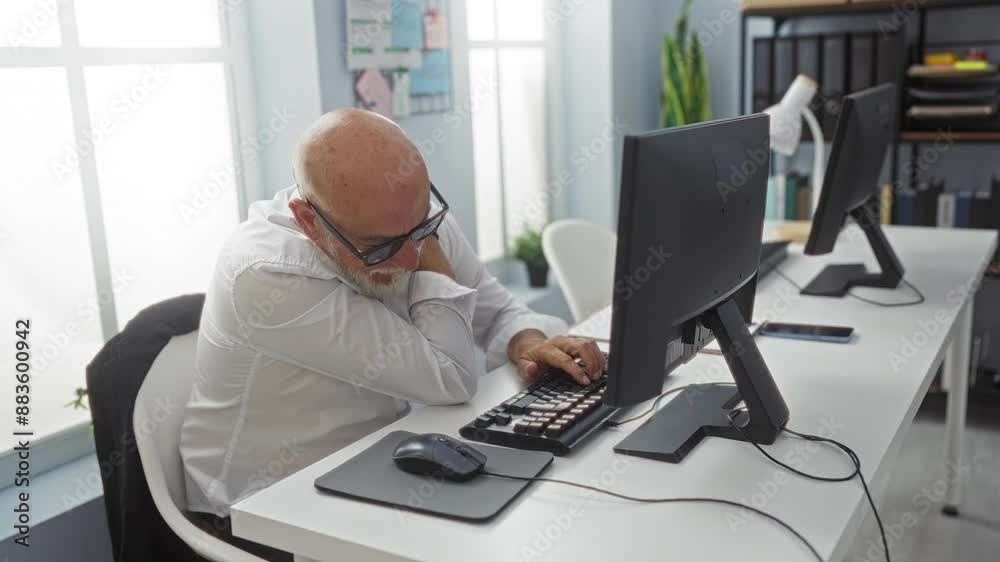 Middle-aged man with a bald head and beard working in an office setting feeling shoulder pain while using a computer, office decor visible in the interior background. Middle-aged man with a bald head and beard working in an office setting feeling shoulder pain while using a computer, office decor visible in the interior background.