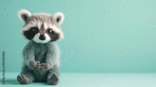 Felt crafted racoon, isolated on a tealish, green, colored background.  photo