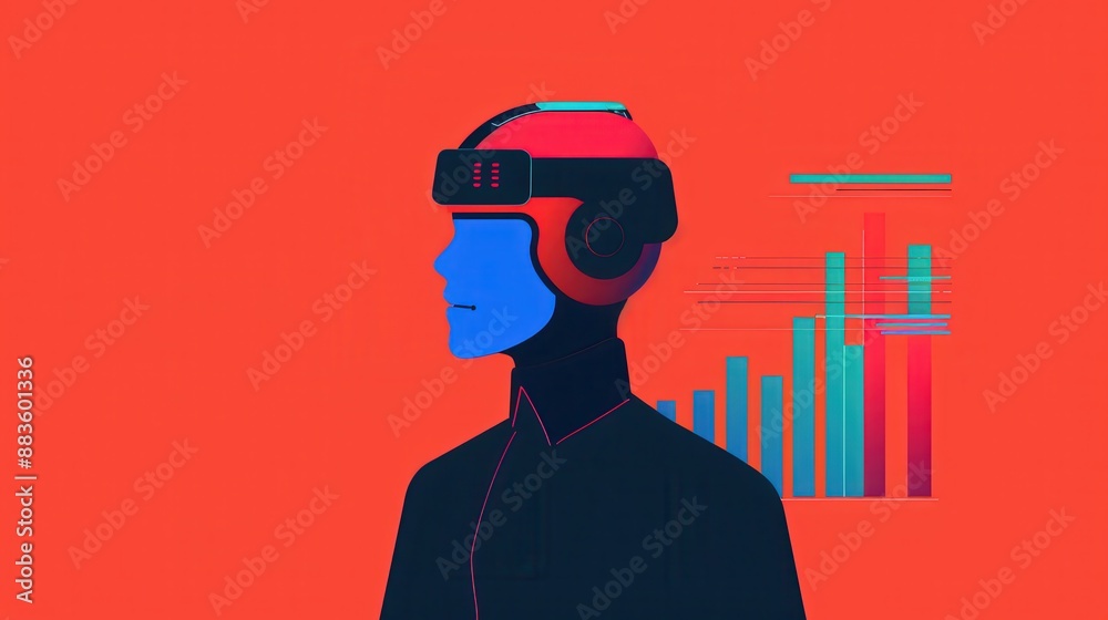 Abstract illustration of a person wearing a VR headset, symbolizing advanced technology and data analysis, set against a vibrant red background.