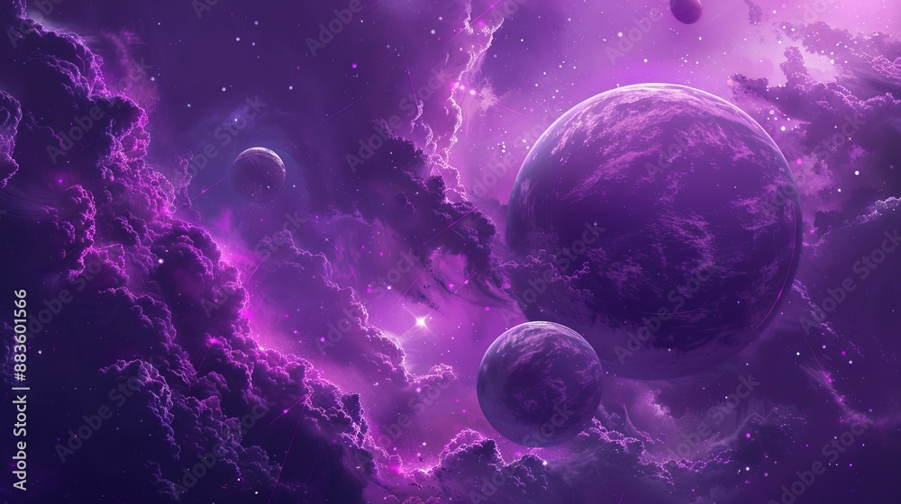 An enchanting depiction of a cosmic scene, with a purple-hued theme, featuring multiple planets and nebula clouds that create a fantastical and serene outer space atmosphere. An enchanting depiction of a cosmic scene, with a purple-hued theme, featuring multiple planets and nebula clouds that create a fantastical and serene outer space atmosphere.
