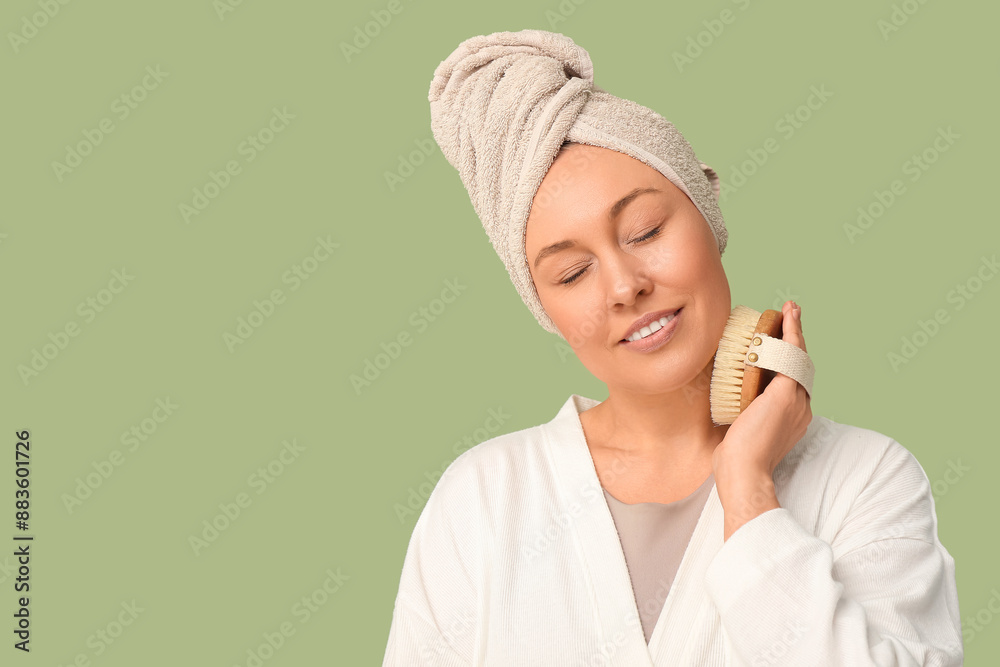 Beautiful young woman massaging her neck with body massage brush on green background Beautiful young woman massaging her neck with body massage brush on green background