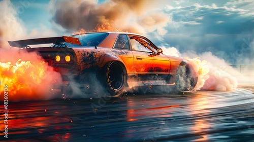 A vintage sports car drifts across the racetrack, accompanied by fiery sparks and smoke, showcasing a spectacular display of power, control, and exhilarating high-speed action.
