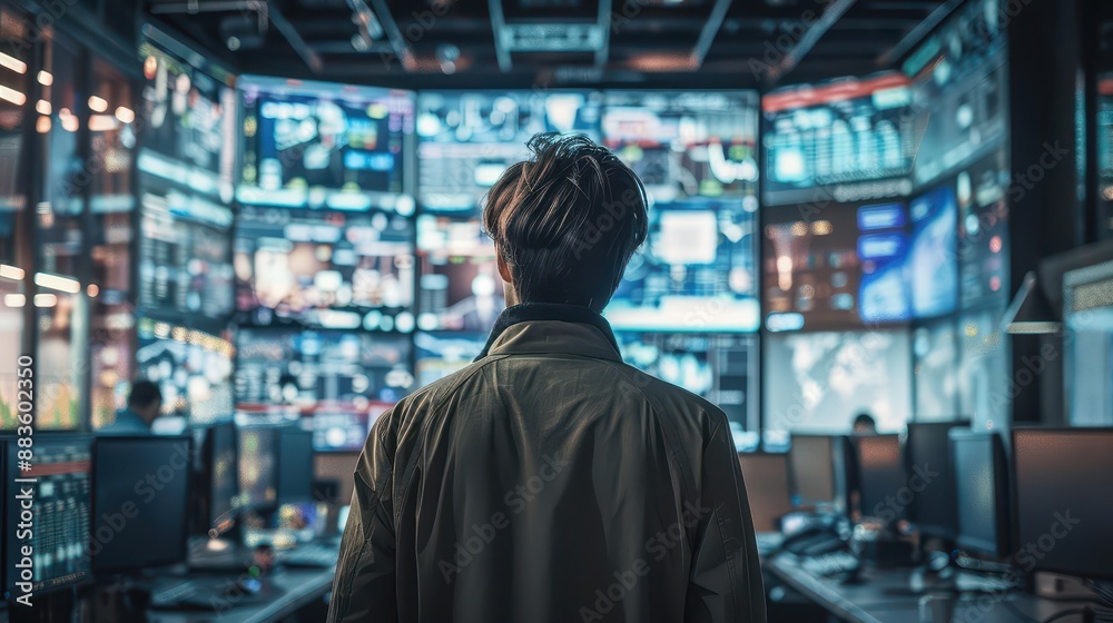 A photorealistic image featuring the rear view of a journalist standing in a bustling newsroom A photorealistic image featuring the rear view of a journalist standing in a bustling newsroom