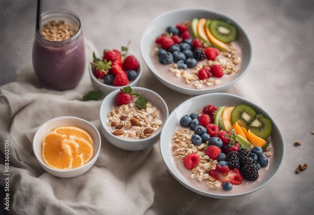 Smoothie bowl with fresh fruits and granola in a ceramic bowl in a high-end health cafe
Smoothie bowl with fresh fruits and granola in a ceramic bowl in a high-end health cafe