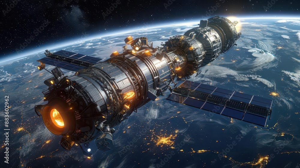 Aerial view of an innovative space station orbiting Earth Aerial view of an innovative space station orbiting Earth