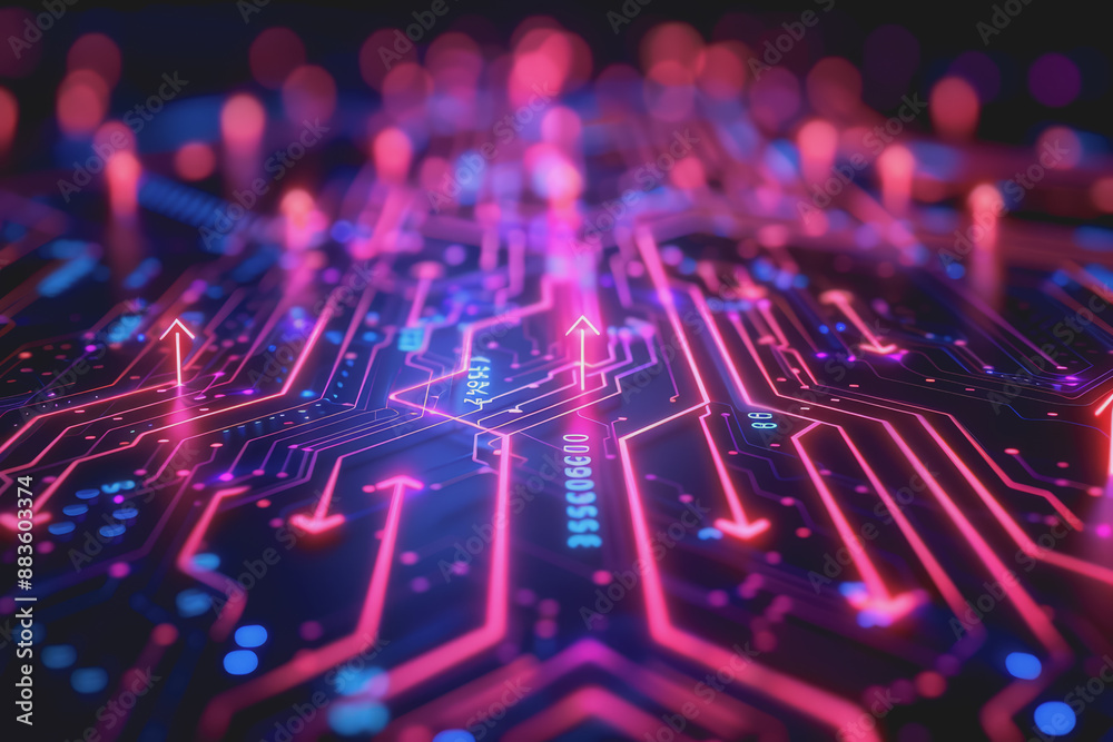 A computer circuit board, with some arrows pointing forward and up, rising, tech background. A computer circuit board, with some arrows pointing forward and up, rising, tech background.