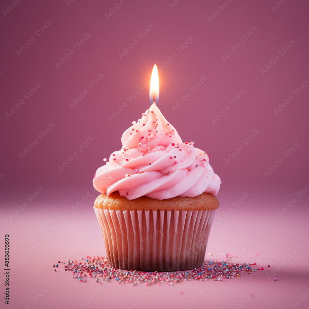 cupcake with pink frosting and lit candle on pink background cupcake with pink frosting and lit candle on pink background