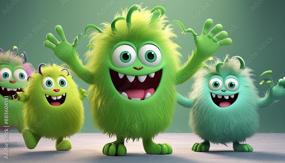 Fototapeta premium Green furry and cute monsters dancing and waving 3D render character cartoon style, Generative Ai