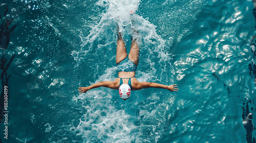 Top View Diving sport athlete executing a perfect dive into the Olympics swimming pool. 