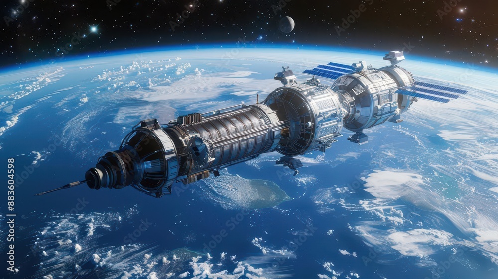 High-angle view of a sleek, minimalist space station orbiting Earth, vivid blues and whites, CG 3D, clean lines and modern design, silent vastness of space in the background High-angle view of a sleek, minimalist space station orbiting Earth, vivid blues and whites, CG 3D, clean lines and modern design, silent vastness of space in the background