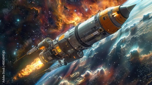 Fototapeta Naklejka Na Ścianę i Meble -  High-angle view of a futuristic spacecraft launching from an orbital space station