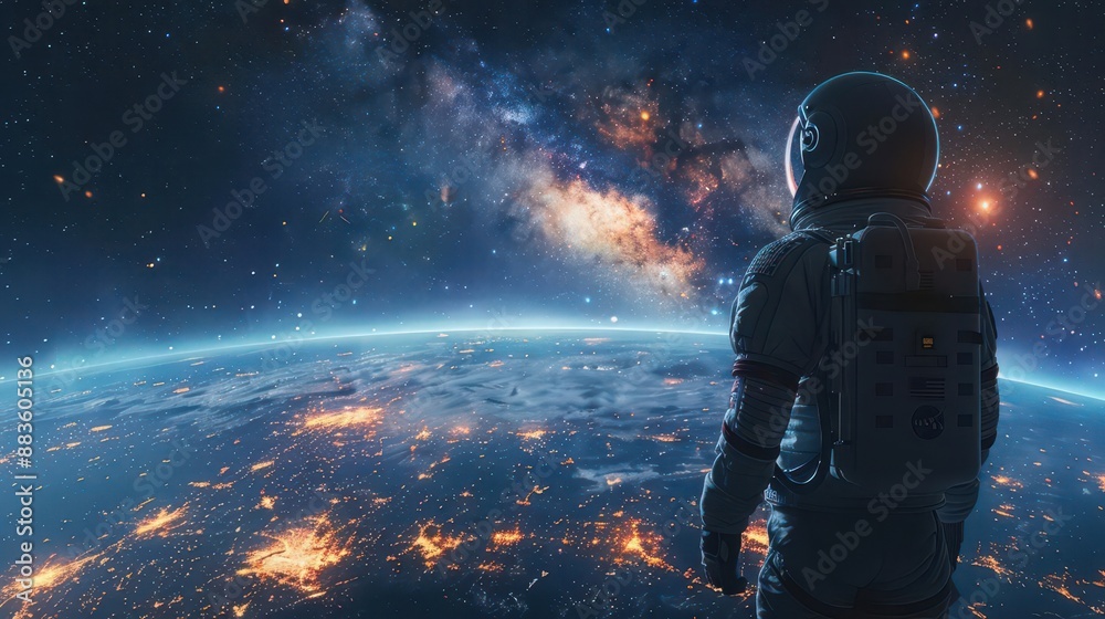 Rear view of an astronaut gazing at Earth from an alien planet Rear view of an astronaut gazing at Earth from an alien planet