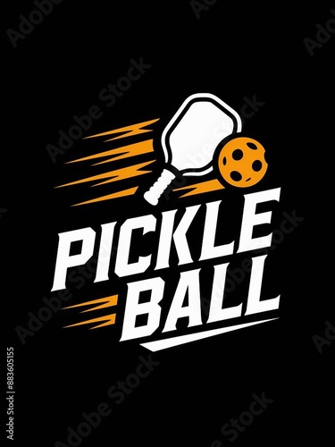 concept illustration of pickleball logo with paddle and orange ball in black and white written in a strong, athletic font