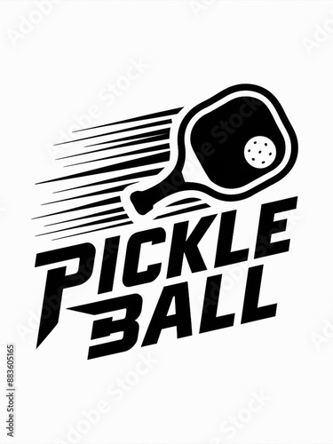 concept illustration of pickleball logo with paddle and ball in black on white written in a strong, athletic font