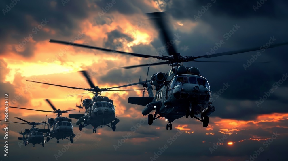 Military Helicopters Flying at Sunset Military Helicopters Flying at Sunset