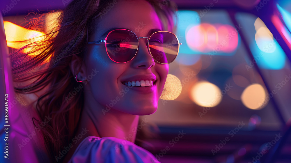close up of happy woman driving in car, she is wearing sunglasses and has long hair blowing with the wind close up of happy woman driving in car, she is wearing sunglasses and has long hair blowing with the wind