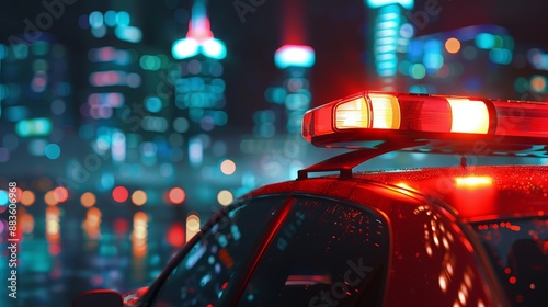 A city police car with red and blue lights flashing parked in the middle of a busy urban street during night time, with a blurred view of city lights in the background.