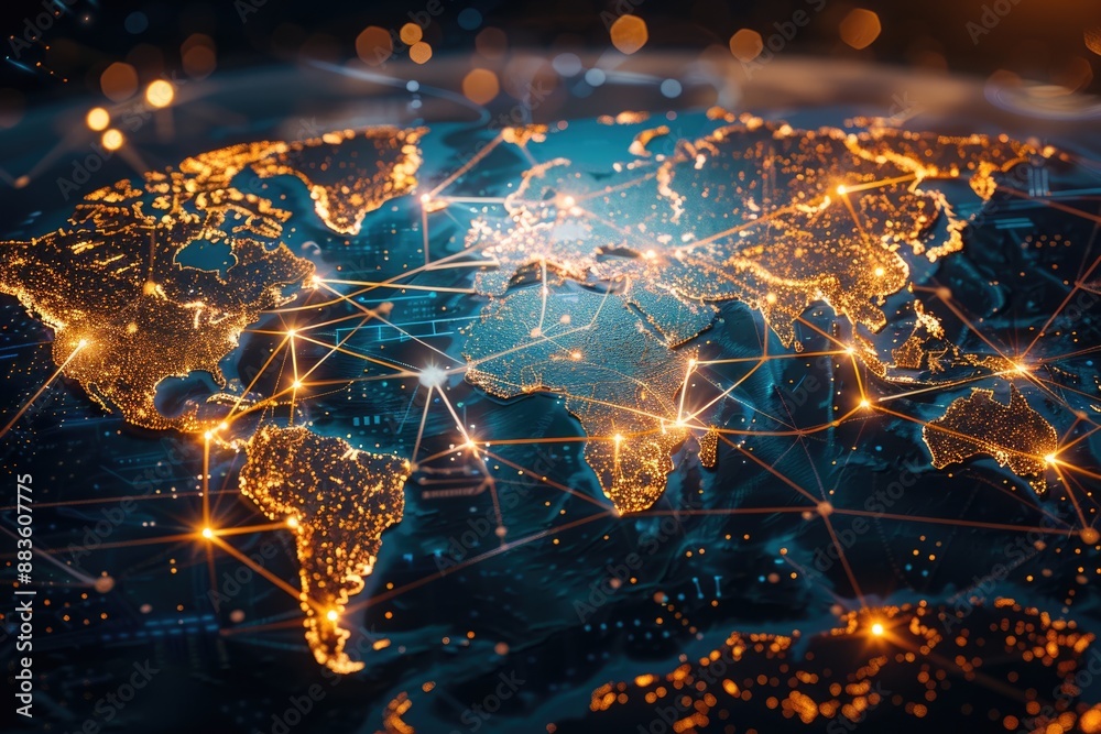 Fototapeta premium Golden digital world map with blue network connectivity lines on a slick and glossy futuristic background , conectivity.