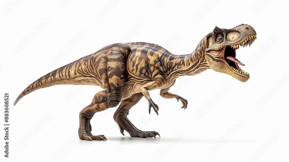 Obraz premium A highly detailed, realistic model of a dinosaur, specifically a T. rex, portrayed in a dynamic pose against a plain white background, showcasing prehistoric reptilian features and textures.