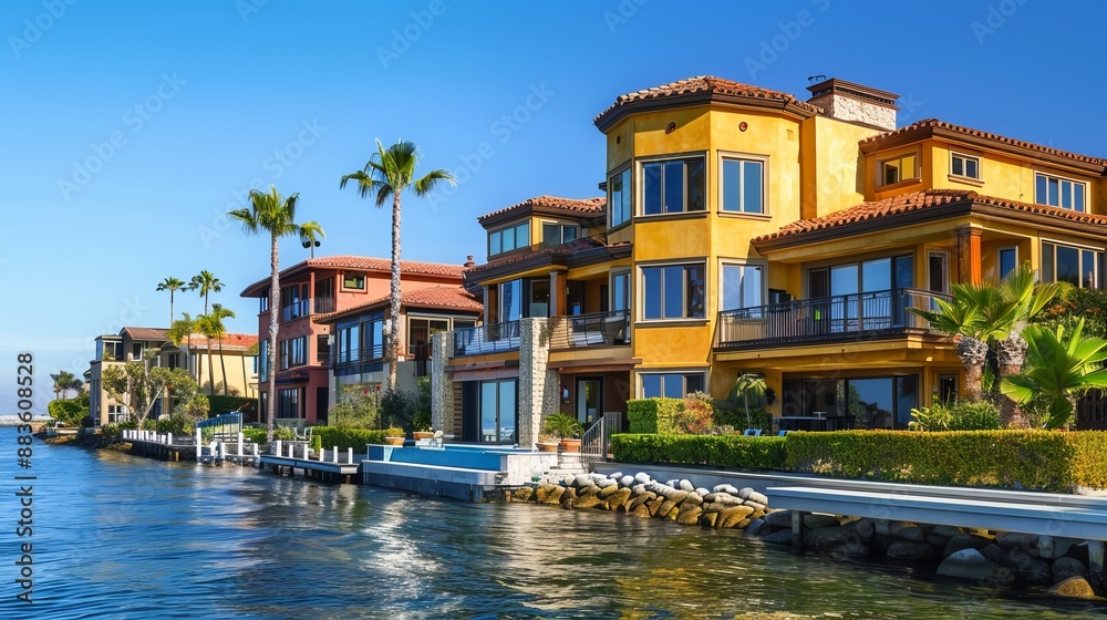 This image captures a series of waterfront homes painted in vibrant colors, lined along a canal with palm trees and clear blue weather, epitomizing luxurious coastal living. This image captures a series of waterfront homes painted in vibrant colors, lined along a canal with palm trees and clear blue weather, epitomizing luxurious coastal living.