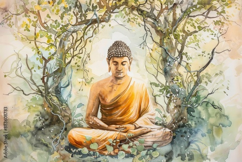 Watercolor artwork of Buddha in a serene pose, surrounded by nature, symbolizing his connection to all life.