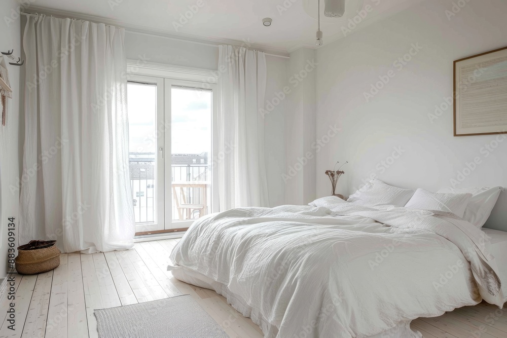 Fototapeta premium Bright white bedroom with minimal decor and a cozy feel