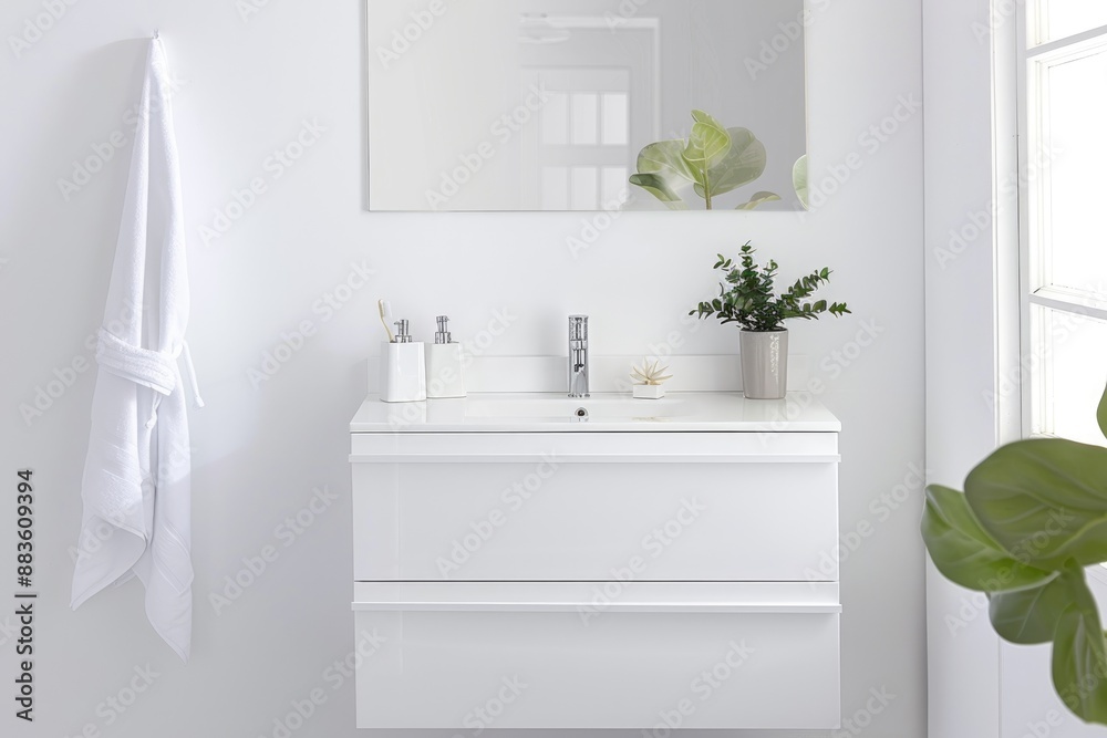 Fototapeta premium Minimal white bathroom with a sleek vanity and understated decor