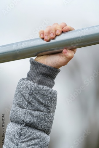 Intense hand grip on pull up bar with muscles tensed, displaying prominent veins © Ilja
