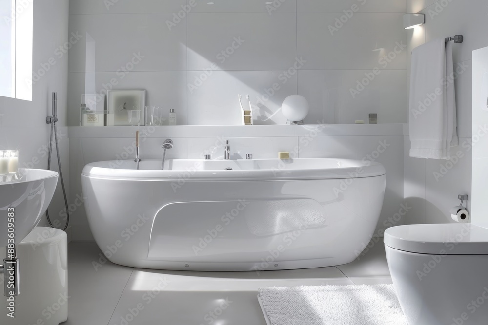 Spacious and elegant white bathroom with modern fixtures Spacious and elegant white bathroom with modern fixtures