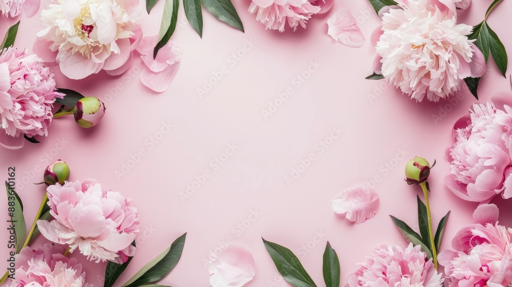 Beautiful peony blooms meticulously arranged in a frame shape against a pastel pink backdrop, creating an elegant and feminine composition perfect for various design projects. Beautiful peony blooms meticulously arranged in a frame shape against a pastel pink backdrop, creating an elegant and feminine composition perfect for various design projects.